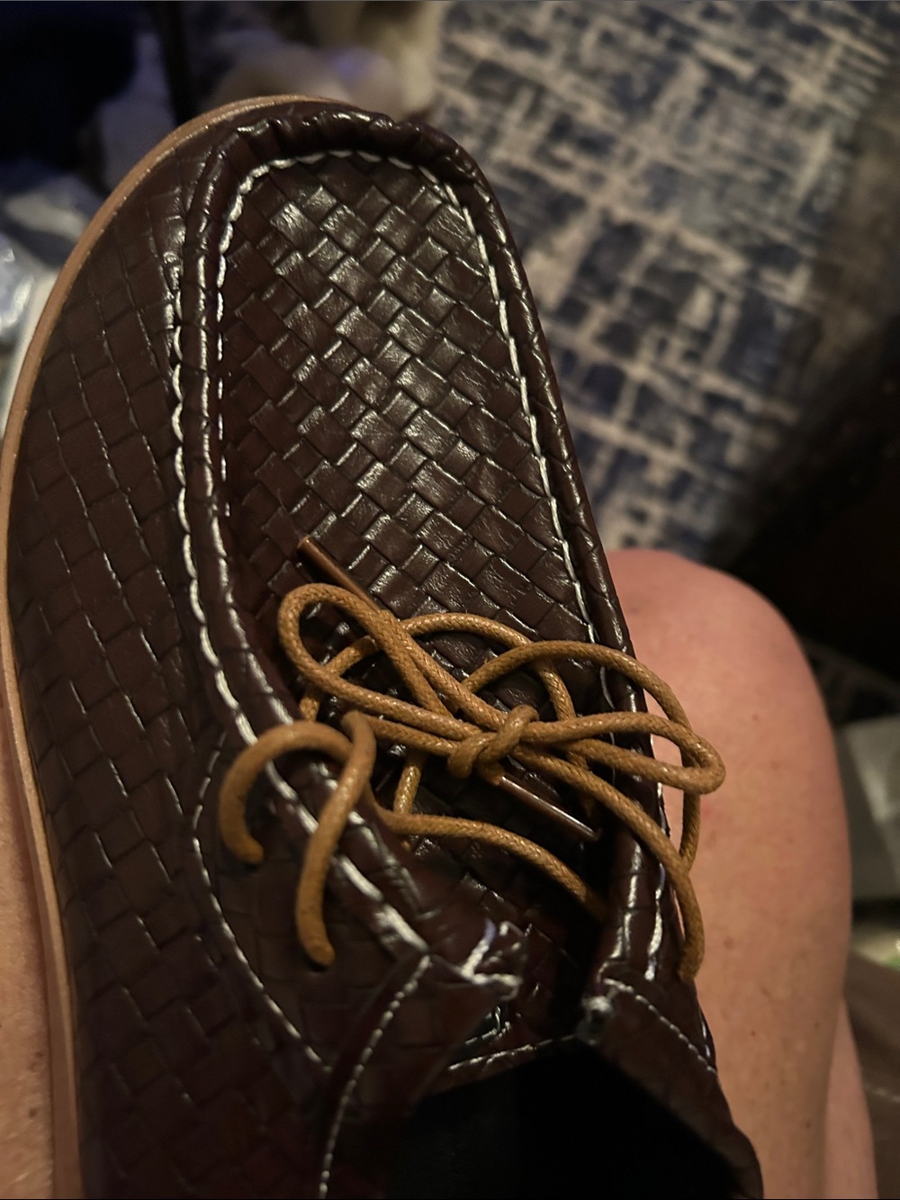Men's Brown Woven Leather Slip-On Loafers with Contrast Stitching